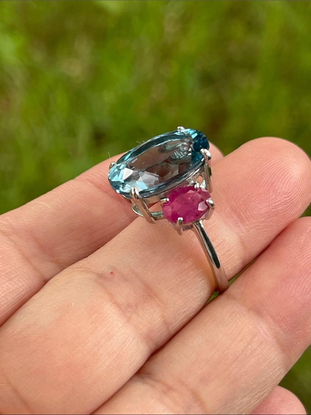 Large Natural Blue Topaz 15x11mm & Ruby Ring in 925 Sterling Silver Size 7